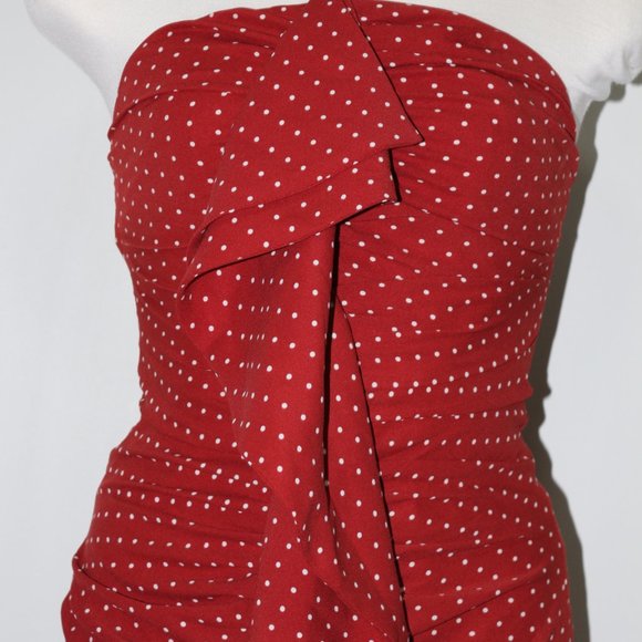 C/MEO Collective | CMEO Collective Strapless Polka Dot Ruffle Midi Dress in Red - Picture 2 of 5